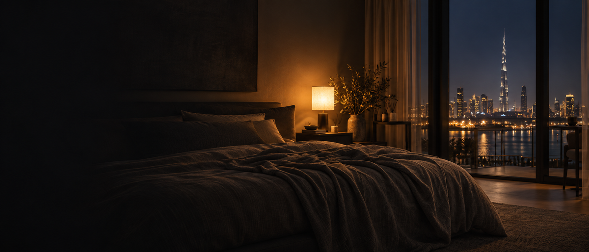 A calm bedroom overlooking Dubai at night